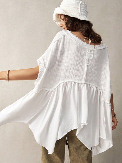 Bohemela Plus Size Women Casual Solid Color Batwing Sleeve Asymmetrical Hem Blouse,Vintage