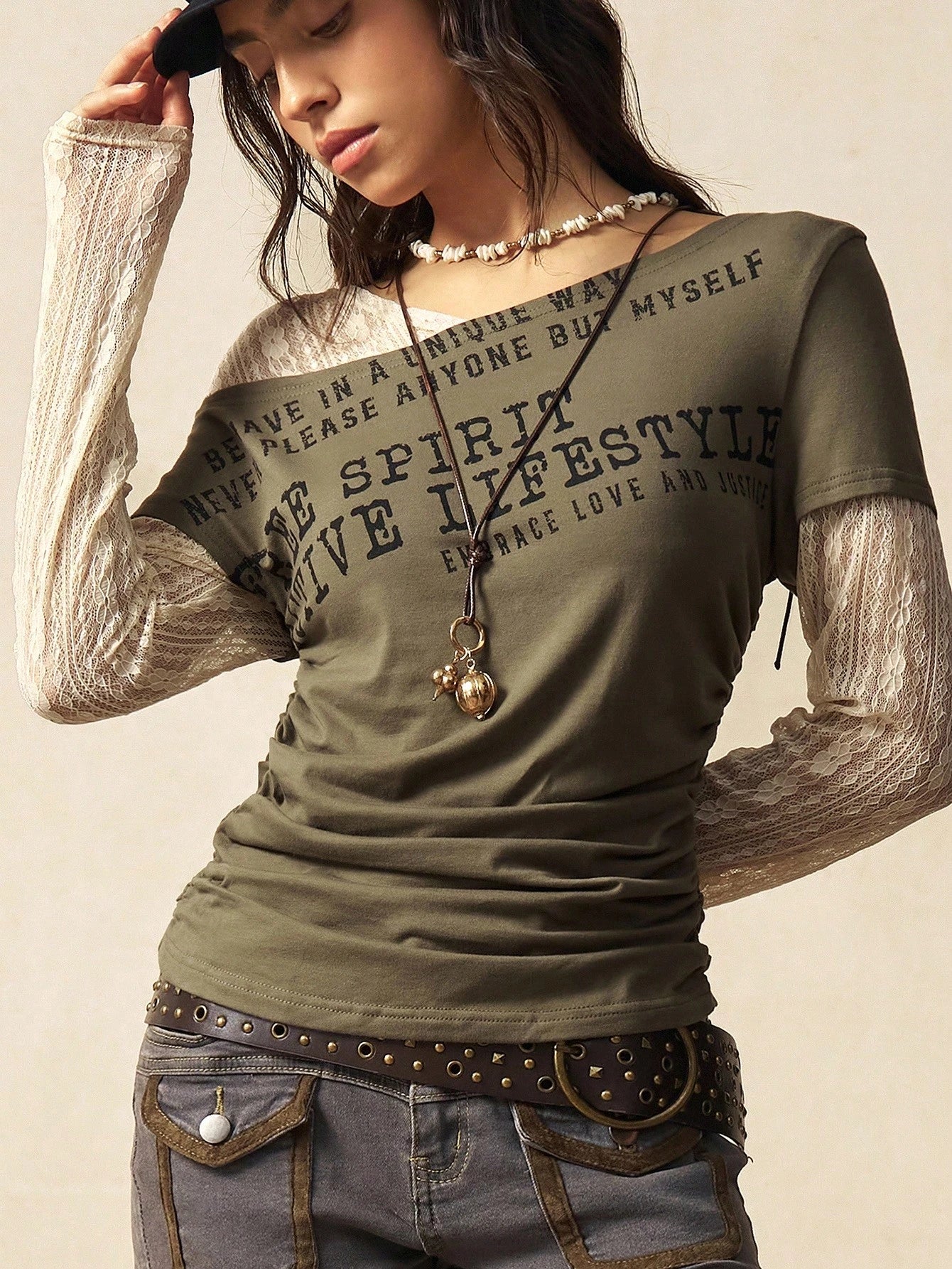 Bohemela Plus Size Women Slogan Print Contrast Lace 2 In 1 Top Blusinhas Femininas Elegante Fall