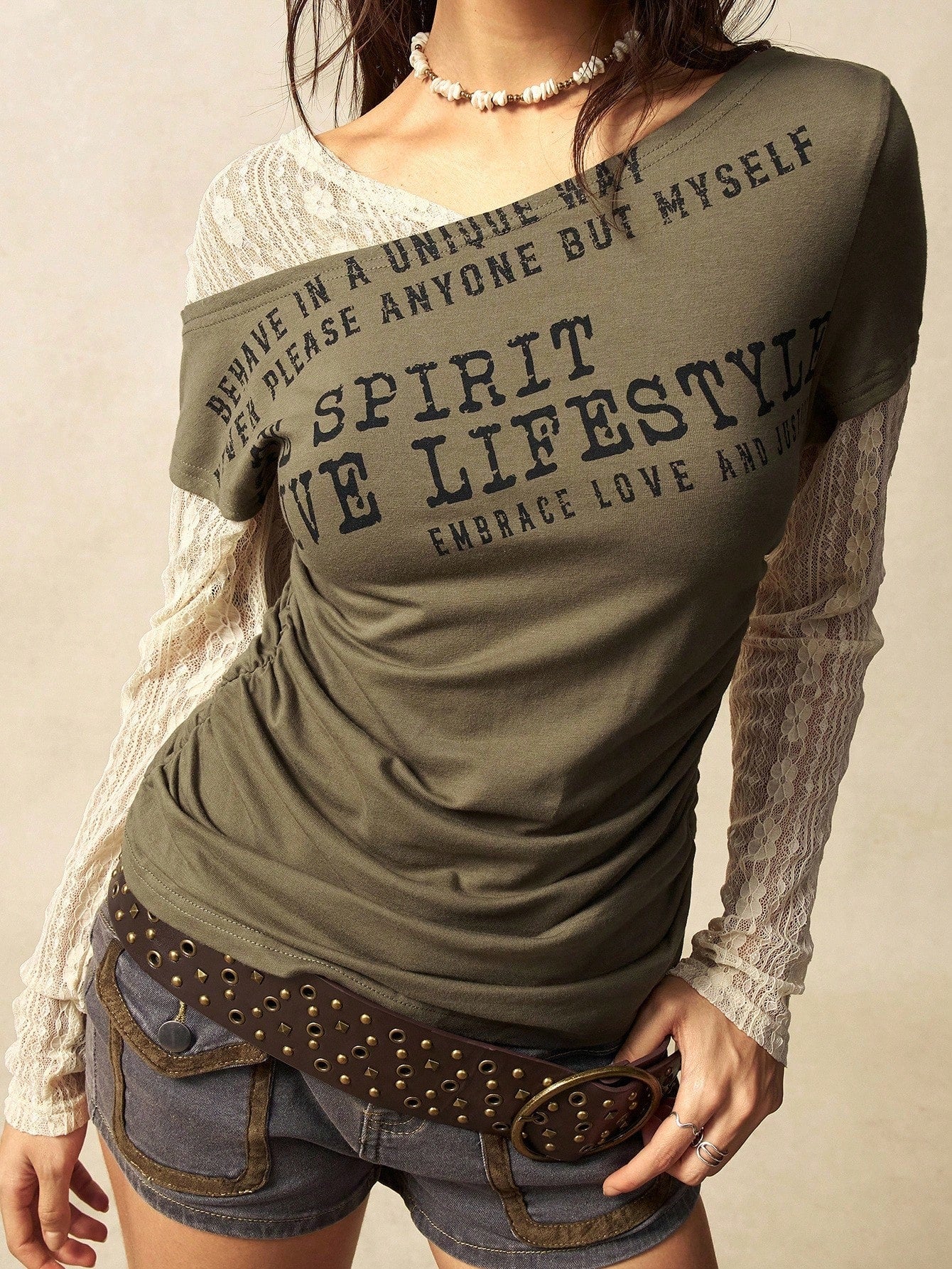 Bohemela Plus Size Women Slogan Print Contrast Lace 2 In 1 Top Blusinhas Femininas Elegante Fall