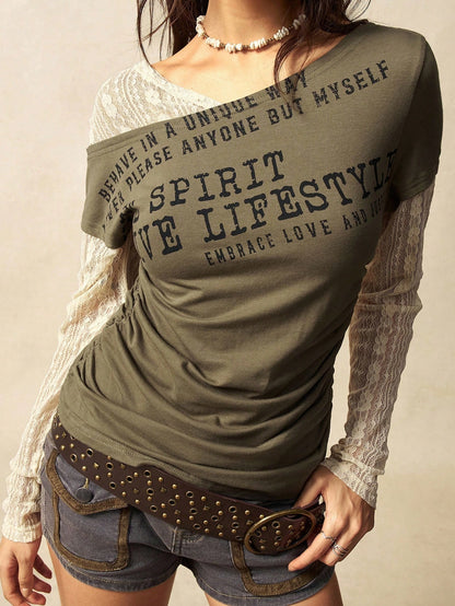 Bohemela Plus Size Women Slogan Print Contrast Lace 2 In 1 Top Blusinhas Femininas Elegante Fall