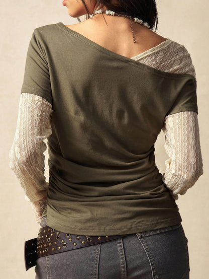 Bohemela Plus Size Women Slogan Print Contrast Lace 2 In 1 Top Blusinhas Femininas Elegante Fall