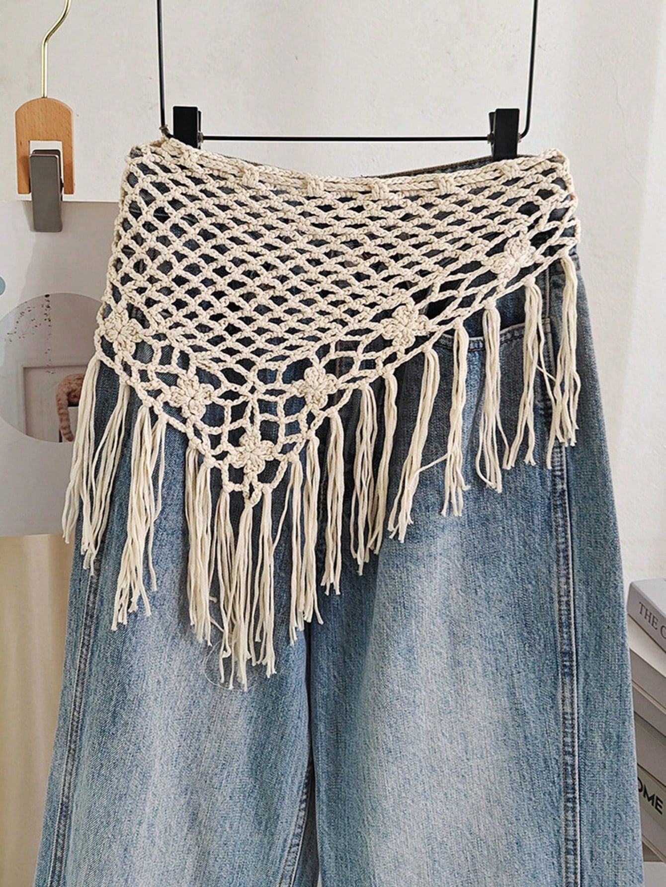 Bohemian Hollow Out Knitted Crochet Triangle Tassel Shawl Multifunctional Layered Decorative Belt
