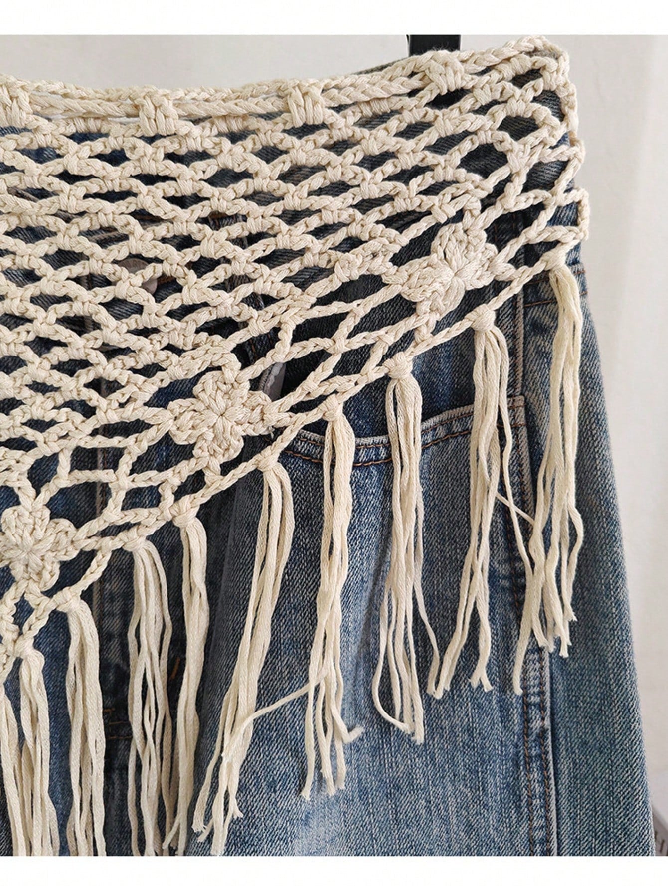 Bohemian Hollow Out Knitted Crochet Triangle Tassel Shawl Multifunctional Layered Decorative Belt