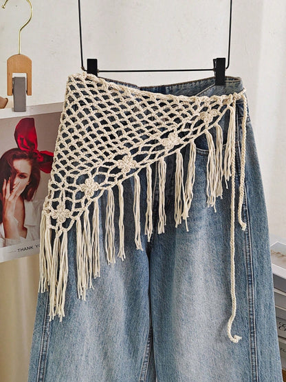 Bohemian Hollow Out Knitted Crochet Triangle Tassel Shawl Multifunctional Layered Decorative Belt