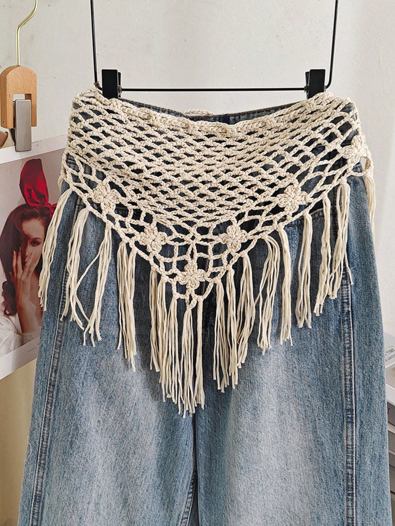 Bohemian Hollow Out Knitted Crochet Triangle Tassel Shawl Multifunctional Layered Decorative Belt
