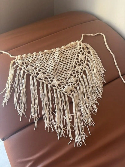 Bohemian Hollow Out Knitted Crochet Triangle Tassel Shawl Multifunctional Layered Decorative Belt