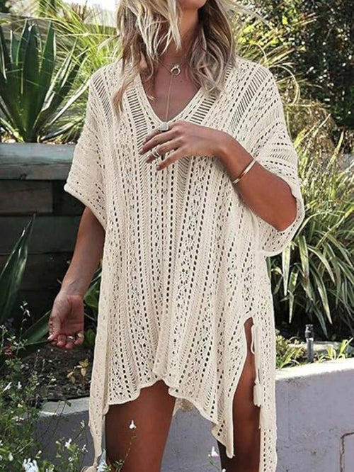 Bohemian Standard Size Outerwear, Thin, Sexy, Asymmetrical Hollow Out, Sun Protection Cover-Up, Knitted, Vacation Wear, Loose, Crochet Beach, Plus Size Women's Summer Top (Clothing Size Runs Large, Su