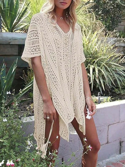 Bohemian Standard Size Outerwear, Thin, Sexy, Asymmetrical Hollow Out, Sun Protection Cover-Up, Knitted, Vacation Wear, Loose, Crochet Beach, Plus Size Women's Summer Top (Clothing Size Runs Large, Su