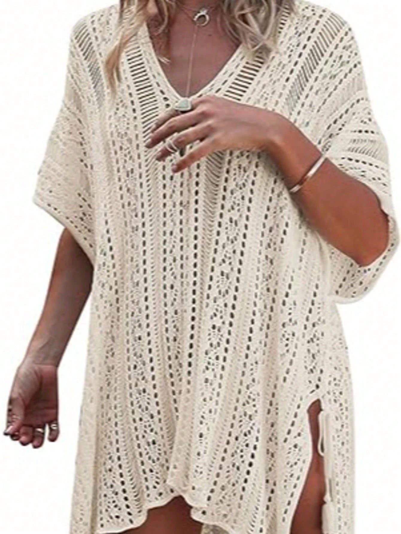 Bohemian Standard Size Outerwear, Thin, Sexy, Asymmetrical Hollow Out, Sun Protection Cover-Up, Knitted, Vacation Wear, Loose, Crochet Beach, Plus Size Women's Summer Top (Clothing Size Runs Large, Su
