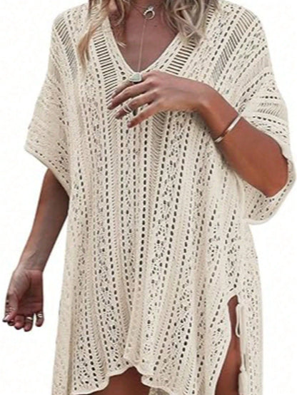 Bohemian Standard Size Outerwear, Thin, Sexy, Asymmetrical Hollow Out, Sun Protection Cover-Up, Knitted, Vacation Wear, Loose, Crochet Beach, Plus Size Women's Summer Top (Clothing Size Runs Large, Su