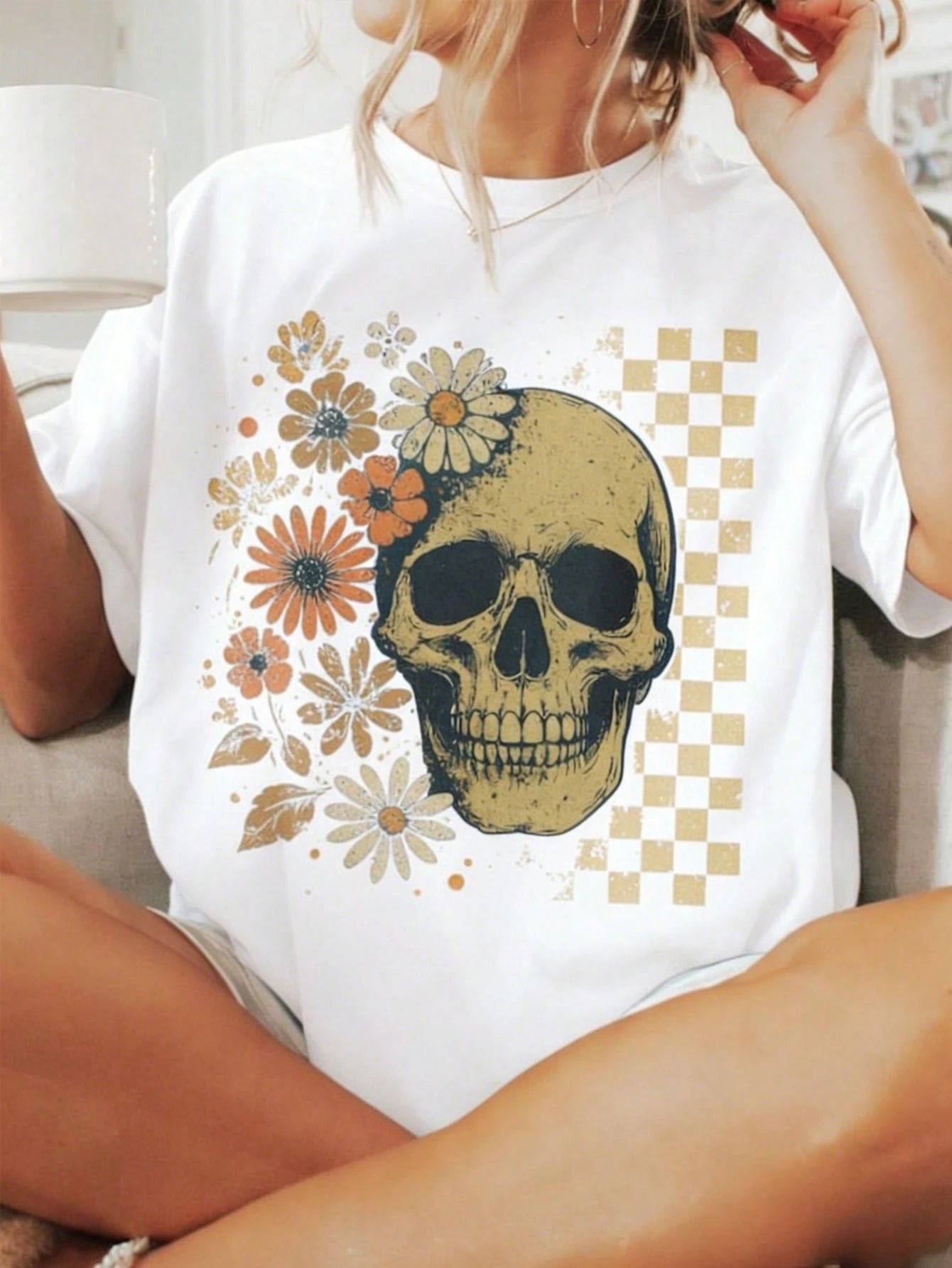 Boho Skull Graphic Tee, Vintage Grunge Tee, Retro Boho Summerween T Shirts, Cute Spooky Halloween T Shirts, Spooky Summer Shirt
