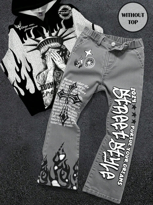 Bolty Young Boy Y2k Street Cool Letter Graffiti Print Elastic Skinny Grey Denim Stacked Flare Jeans,Summer,80s,Career Day,Back-To-School,Casual Fall