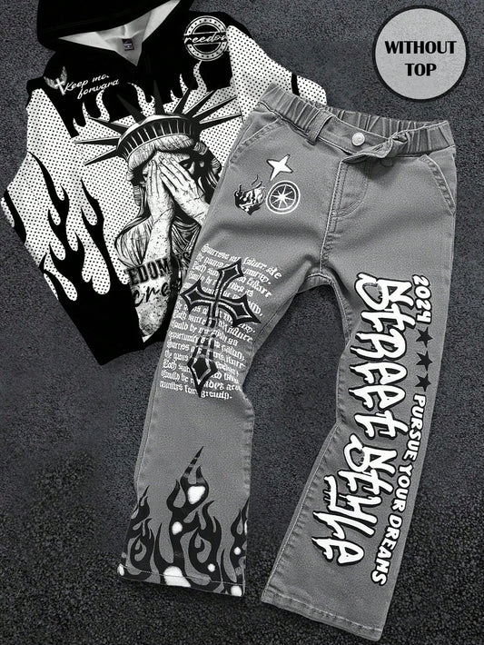 Bolty Young Boy Y2k Street Cool Letter Graffiti Print Elastic Skinny Grey Denim Stacked Flare Jeans,Summer,80s,Career Day,Back-To-School,Casual Fall