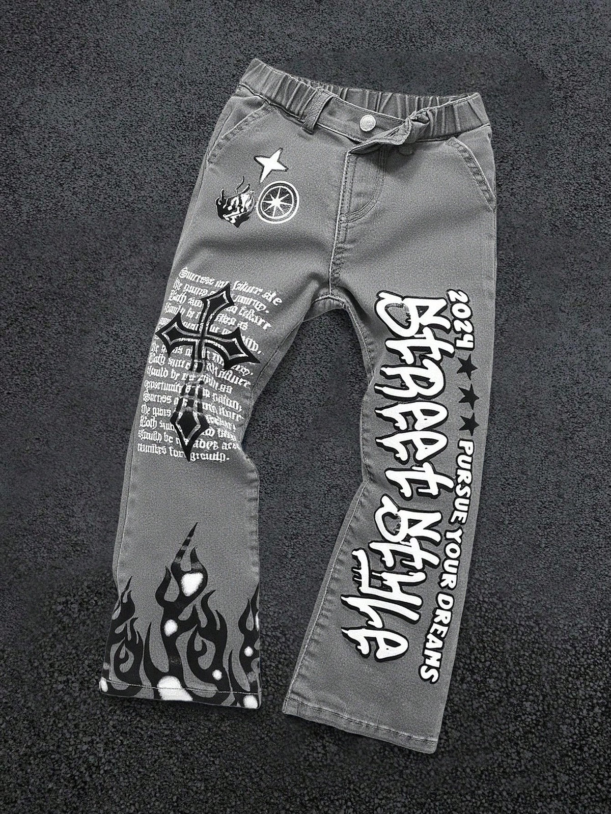 Bolty Young Boy Y2k Street Cool Letter Graffiti Print Elastic Skinny Grey Denim Stacked Flare Jeans,Summer,80s,Career Day,Back-To-School,Casual Fall