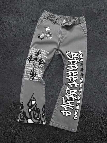 Bolty Young Boy Y2k Street Cool Letter Graffiti Print Elastic Skinny Grey Denim Stacked Flare Jeans,Summer,80s,Career Day,Back-To-School,Casual Fall