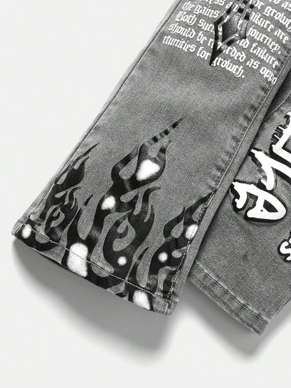 Bolty Young Boy Y2k Street Cool Letter Graffiti Print Elastic Skinny Grey Denim Stacked Flare Jeans,Summer,80s,Career Day,Back-To-School,Casual Fall