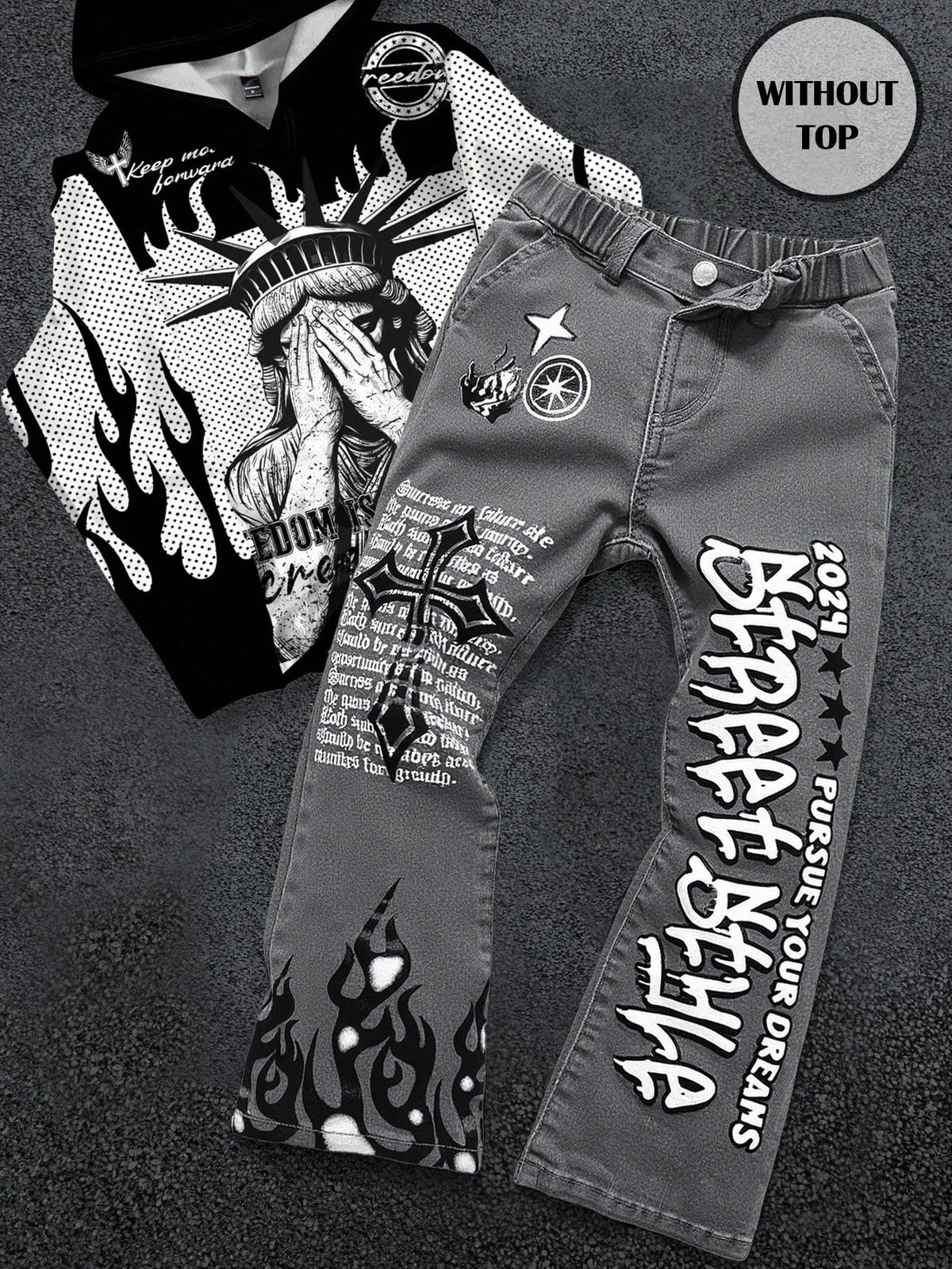 Bolty Young Boy Y2k Street Cool Letter Graffiti Print Elastic Skinny Grey Denim Stacked Flare Jeans,Summer,80s,Career Day,Back-To-School,Casual Fall