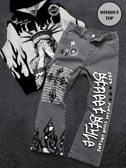 Bolty Young Boy Y2k Street Cool Letter Graffiti Print Elastic Skinny Grey Denim Stacked Flare Jeans,Summer,80s,Career Day,Back-To-School,Casual Fall