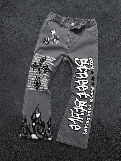 Bolty Young Boy Y2k Street Cool Letter Graffiti Print Elastic Skinny Grey Denim Stacked Flare Jeans,Summer,80s,Career Day,Back-To-School,Casual Fall