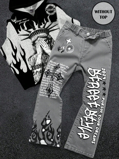 Bolty Young Boy Y2k Street Cool Letter Graffiti Print Elastic Skinny Grey Denim Stacked Flare Jeans,Summer,80s,Career Day,Back-To-School,Casual Fall
