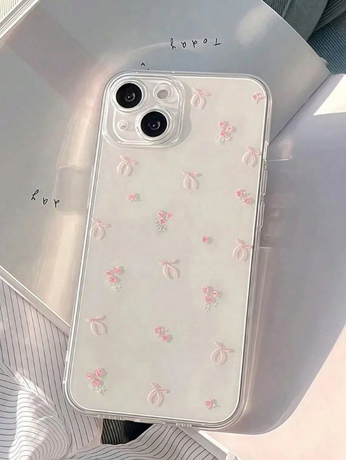Bow-Knot Element Pink TPU Fashion Shockproof 1pc Pink Bow Pattern Transparent Full Coverage Shockproof TPU Phone Case Compatible With IPhone 16, 15, 14, 13, 12, 11 Pro Max, S24/23/22/21 Ultra, A55/54
