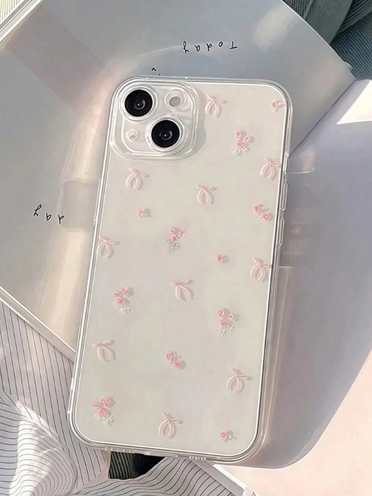 Bow-Knot Element Pink TPU Fashion Shockproof 1pc Pink Bow Pattern Transparent Full Coverage Shockproof TPU Phone Case Compatible With IPhone 16, 15, 14, 13, 12, 11 Pro Max, S24/23/22/21 Ultra, A55/54