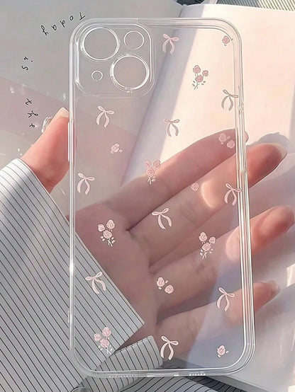 Bow-Knot Element Pink TPU Fashion Shockproof 1pc Pink Bow Pattern Transparent Full Coverage Shockproof TPU Phone Case Compatible With IPhone 16, 15, 14, 13, 12, 11 Pro Max, S24/23/22/21 Ultra, A55/54