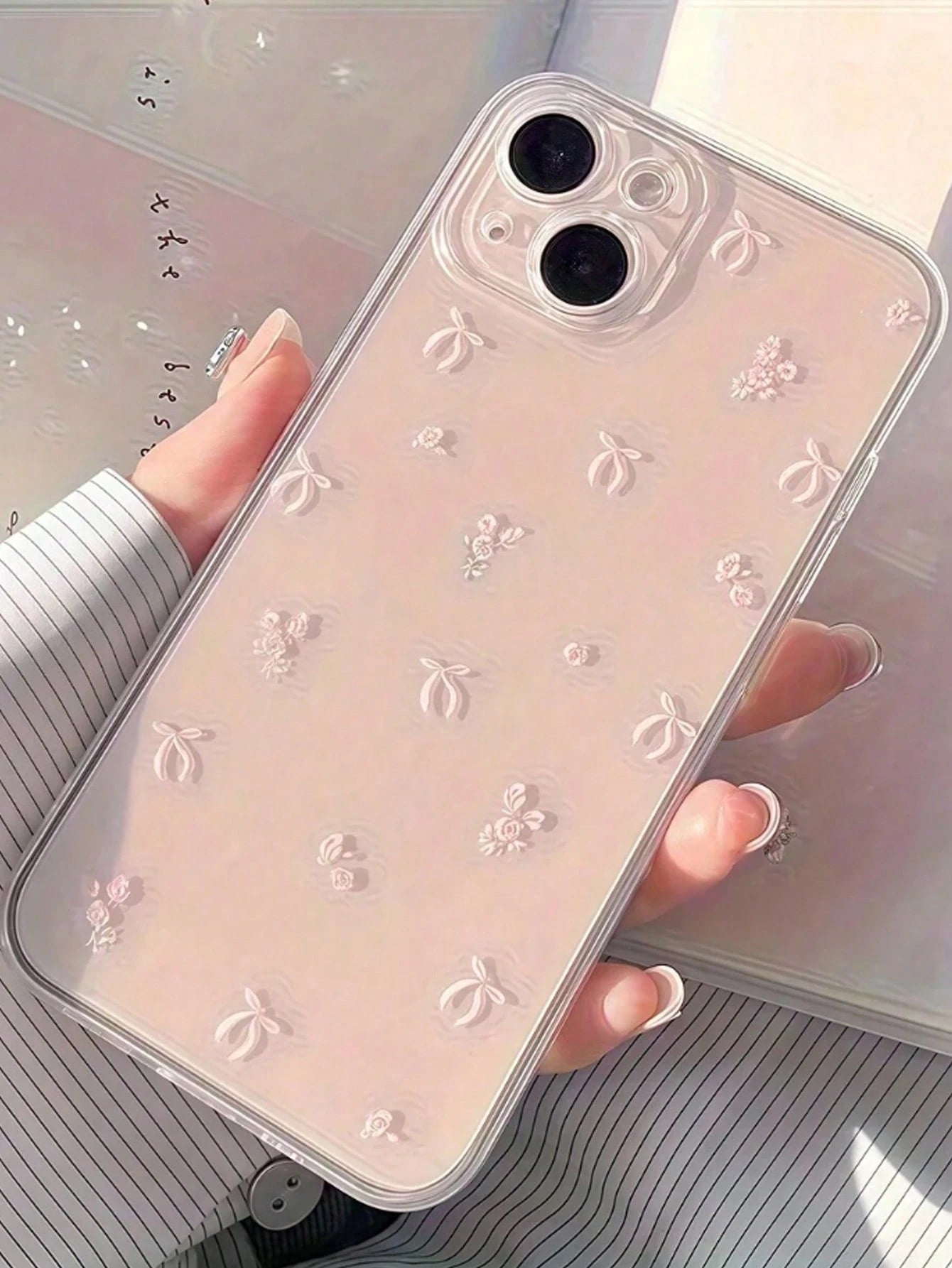 Bow-Knot Element Pink TPU Fashion Shockproof 1pc Pink Bow Pattern Transparent Full Coverage Shockproof TPU Phone Case Compatible With IPhone 16, 15, 14, 13, 12, 11 Pro Max, S24/23/22/21 Ultra, A55/54