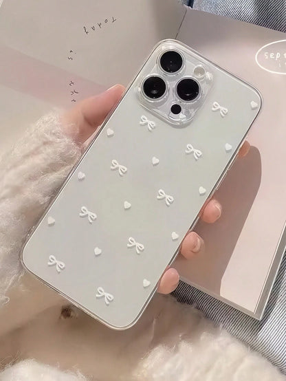 Bow-Knot Element Pink TPU Fashion Shockproof 1pc Pink Bow Pattern Transparent Full Coverage Shockproof TPU Phone Case Compatible With IPhone 16, 15, 14, 13, 12, 11 Pro Max, S24/23/22/21 Ultra, A55/54