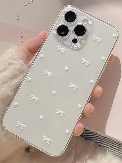 Bow-Knot Element Pink TPU Fashion Shockproof 1pc Pink Bow Pattern Transparent Full Coverage Shockproof TPU Phone Case Compatible With IPhone 16, 15, 14, 13, 12, 11 Pro Max, S24/23/22/21 Ultra, A55/54