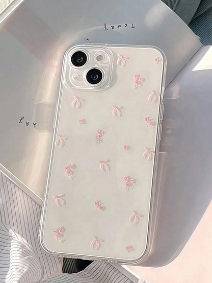 Bow-Knot Element Pink TPU Fashion Shockproof 1pc Pink Bow Pattern Transparent Full Coverage Shockproof TPU Phone Case Compatible With IPhone 16, 15, 14, 13, 12, 11 Pro Max, S24/23/22/21 Ultra, A55/54