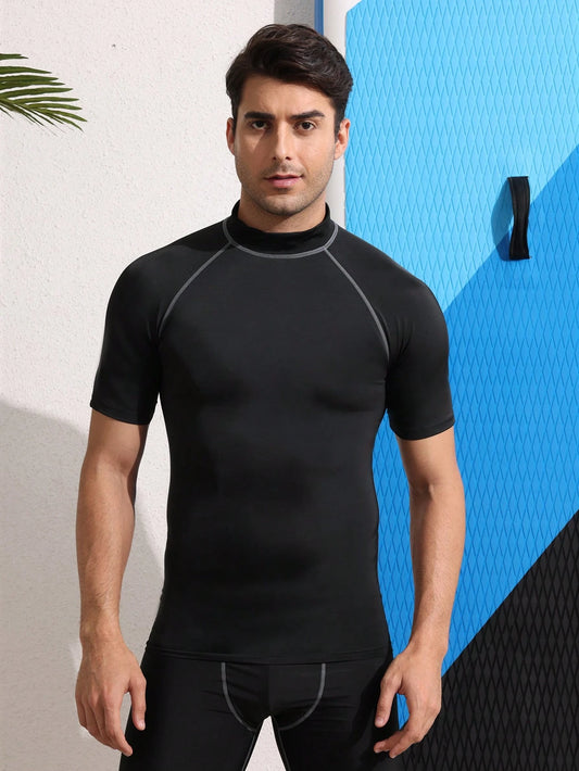 Boyfriend Style Men's High Elasticity Top, Quick-Drying, And Skin-Friendly Short Sleeve Compression Rashguard, Beach Black Sports