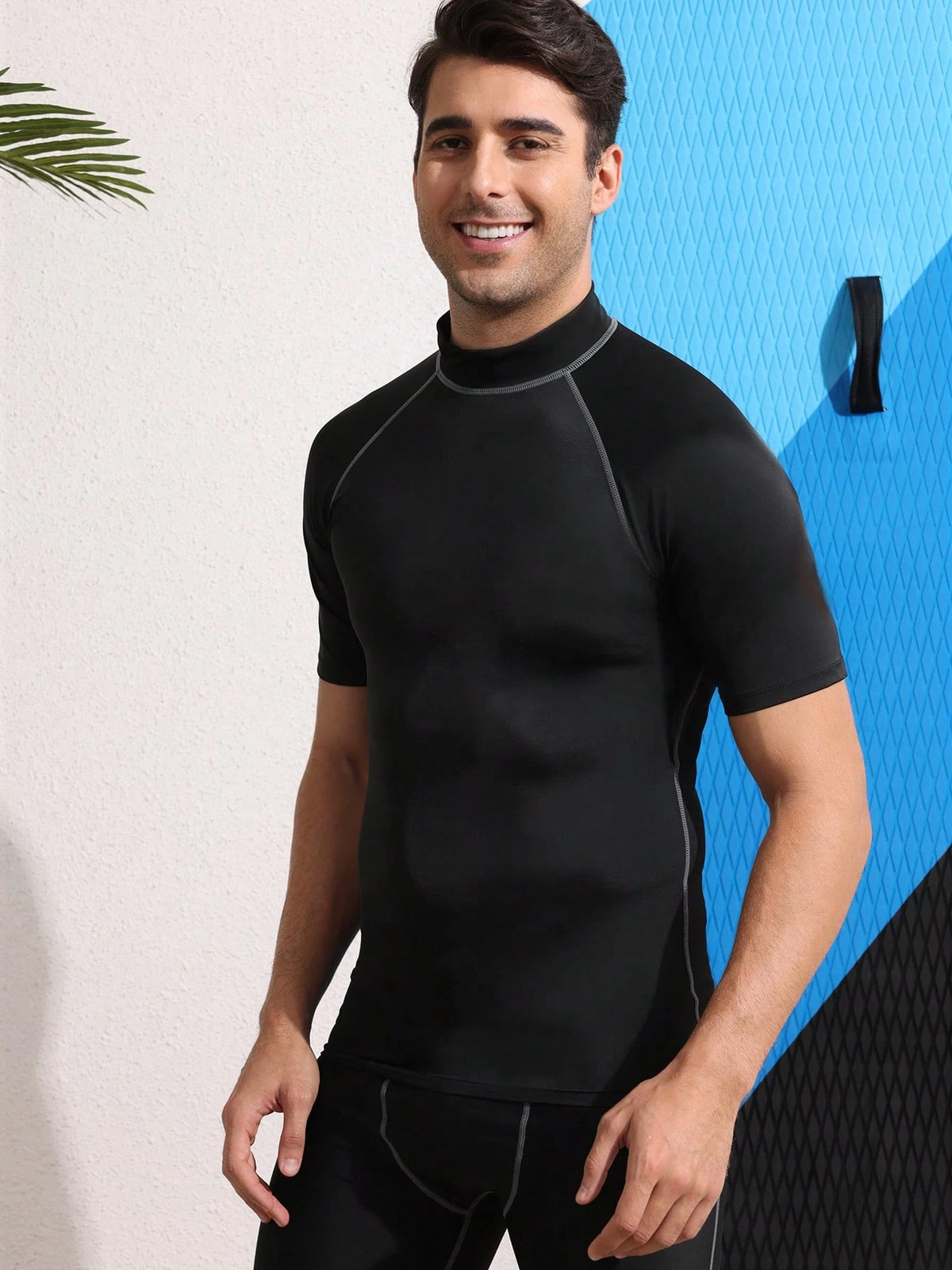 Boyfriend Style Men's High Elasticity Top, Quick-Drying, And Skin-Friendly Short Sleeve Compression Rashguard, Beach Black Sports