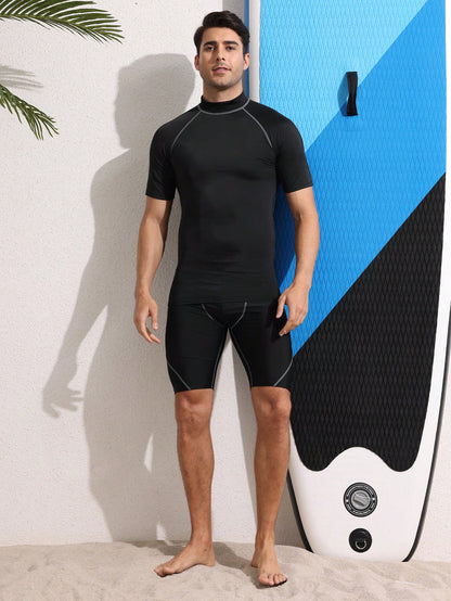 Boyfriend Style Men's High Elasticity Top, Quick-Drying, And Skin-Friendly Short Sleeve Compression Rashguard, Beach Black Sports