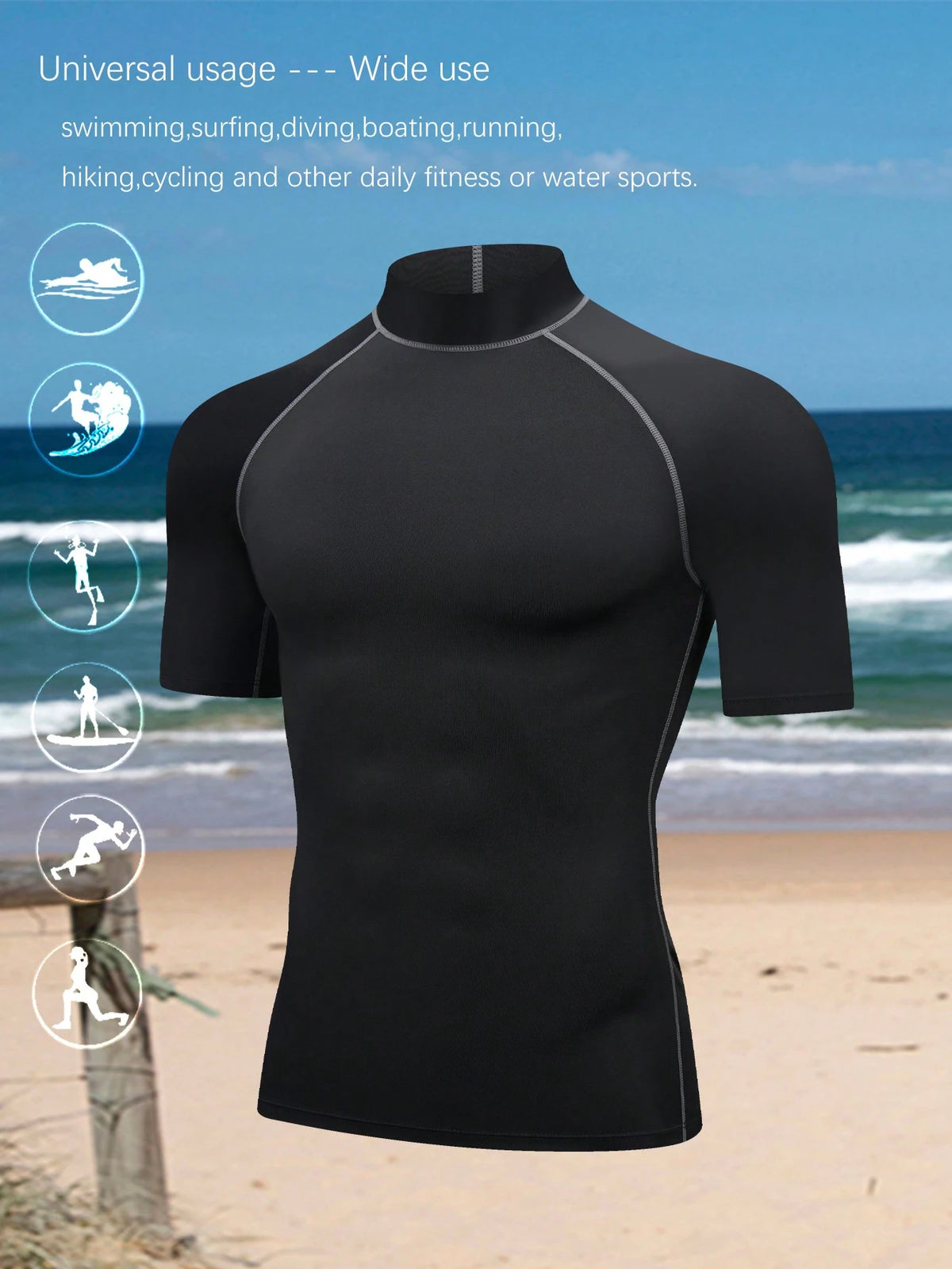 Boyfriend Style Men's High Elasticity Top, Quick-Drying, And Skin-Friendly Short Sleeve Compression Rashguard, Beach Black Sports