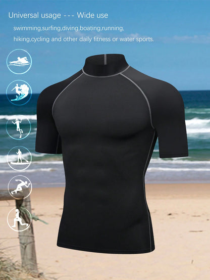 Boyfriend Style Men's High Elasticity Top, Quick-Drying, And Skin-Friendly Short Sleeve Compression Rashguard, Beach Black Sports