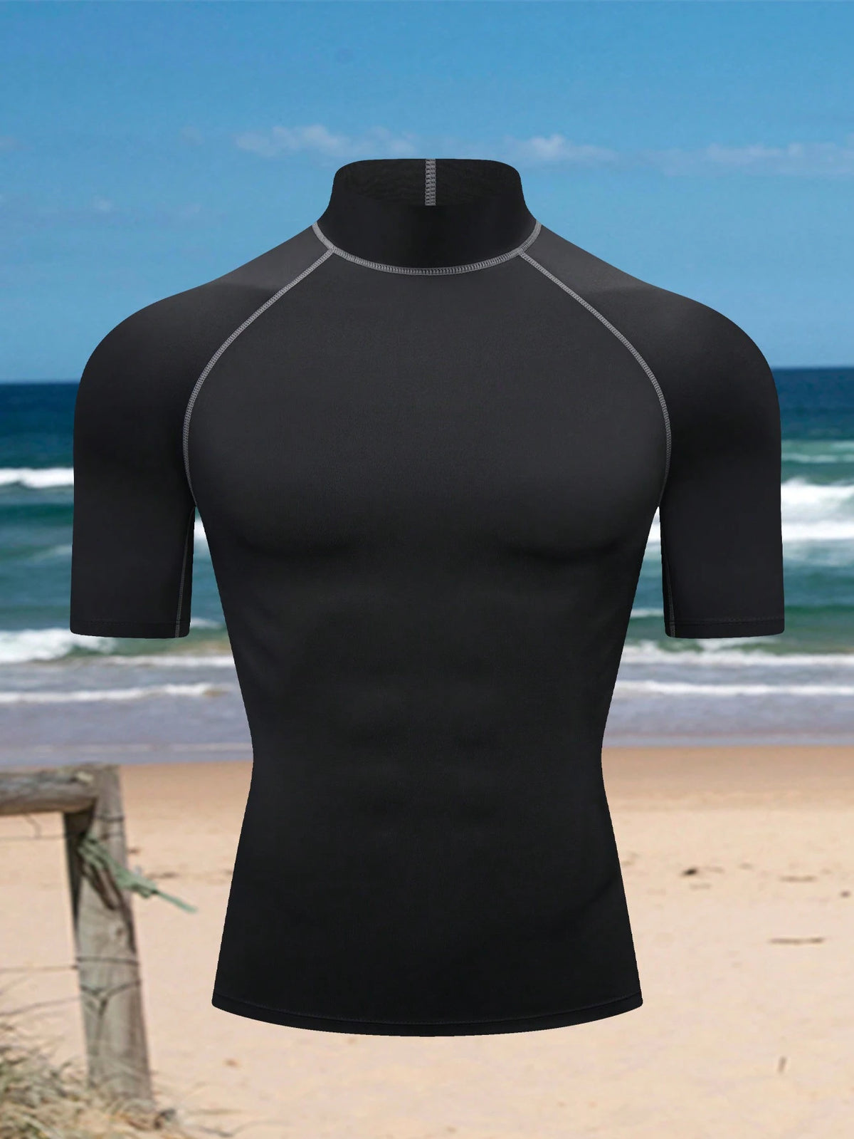 Boyfriend Style Men's High Elasticity Top, Quick-Drying, And Skin-Friendly Short Sleeve Compression Rashguard, Beach Black Sports