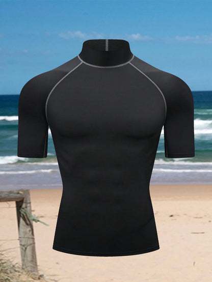 Boyfriend Style Men's High Elasticity Top, Quick-Drying, And Skin-Friendly Short Sleeve Compression Rashguard, Beach Black Sports