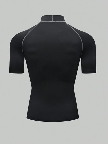 Boyfriend Style Men's High Elasticity Top, Quick-Drying, And Skin-Friendly Short Sleeve Compression Rashguard, Beach Black Sports