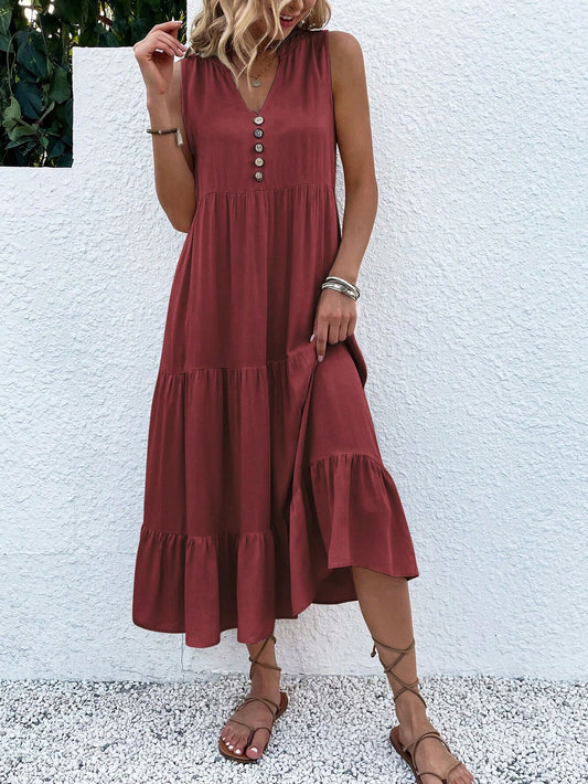 Breezaya Button Detail Layered Hem Smock Dress Maxi Vacation Beach Outfits Women