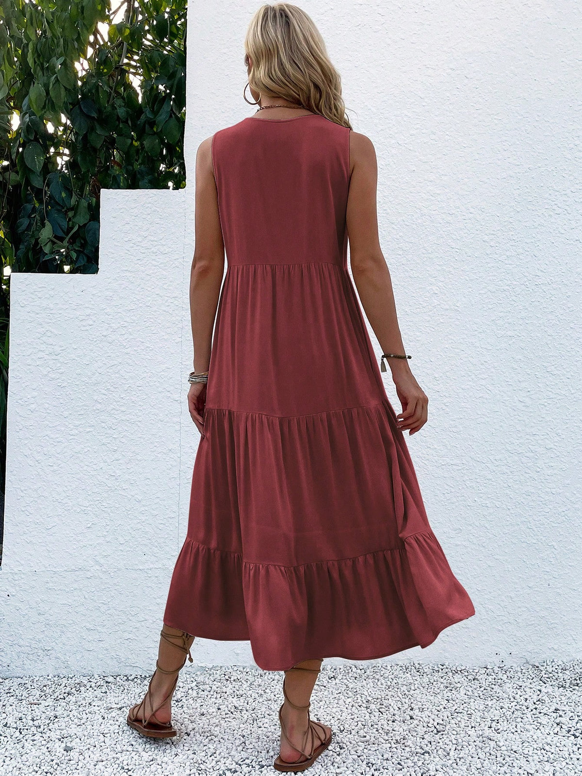 Breezaya Button Detail Layered Hem Smock Dress Maxi Vacation Beach Outfits Women