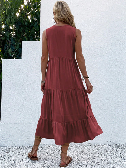 Breezaya Button Detail Layered Hem Smock Dress Maxi Vacation Beach Outfits Women