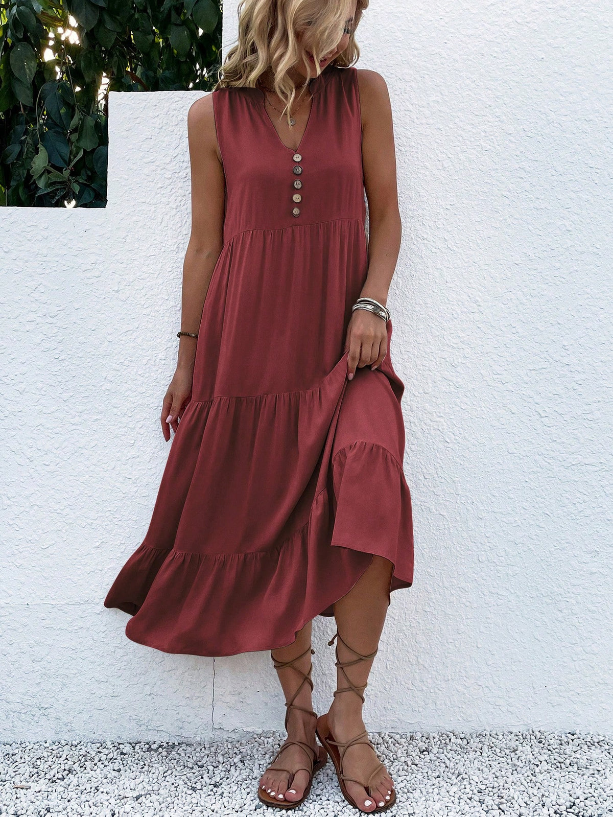 Breezaya Button Detail Layered Hem Smock Dress Maxi Vacation Beach Outfits Women