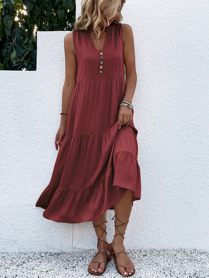 Breezaya Button Detail Layered Hem Smock Dress Maxi Vacation Beach Outfits Women