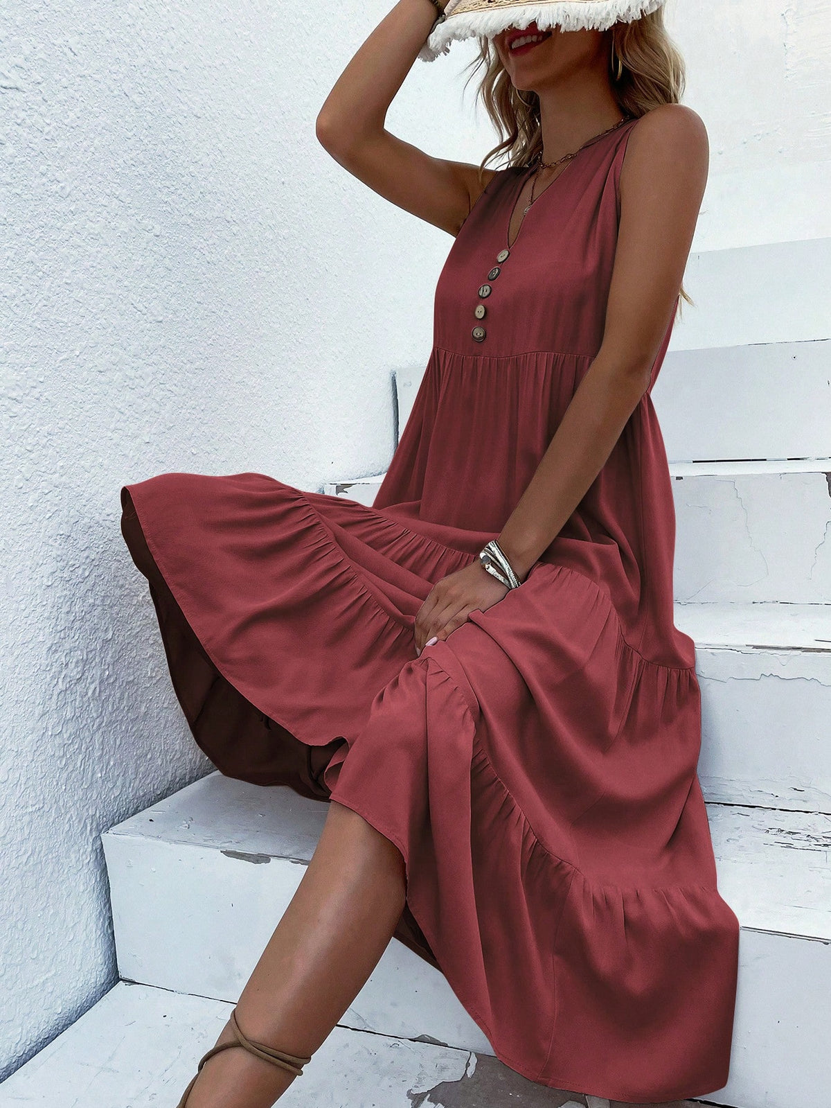 Breezaya Button Detail Layered Hem Smock Dress Maxi Vacation Beach Outfits Women