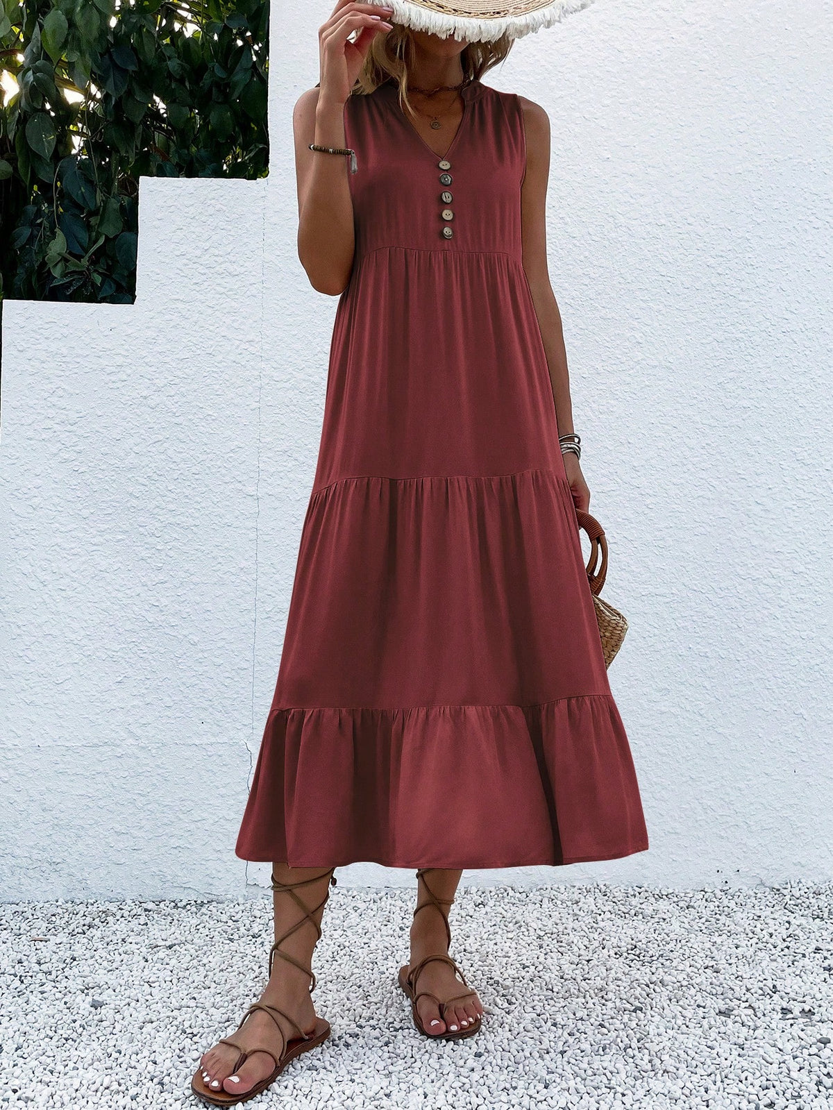 Breezaya Button Detail Layered Hem Smock Dress Maxi Vacation Beach Outfits Women
