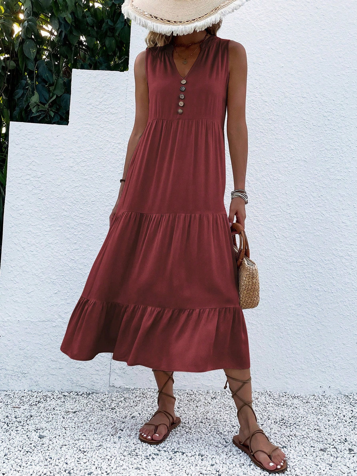 Breezaya Button Detail Layered Hem Smock Dress Maxi Vacation Beach Outfits Women