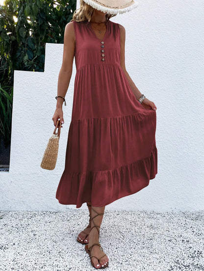 Breezaya Button Detail Layered Hem Smock Dress Maxi Vacation Beach Outfits Women