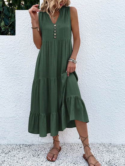 Breezaya Button Detail Layered Hem Smock Dress Maxi Vacation Beach Outfits Women