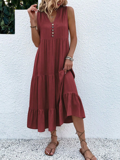 Breezaya Button Detail Layered Hem Smock Dress Maxi Vacation Beach Outfits Women